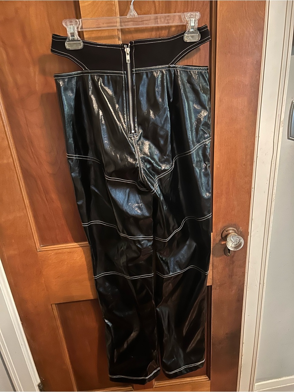I.AM.GIA Black Faux Leather High-Waist Pants with White Stitching